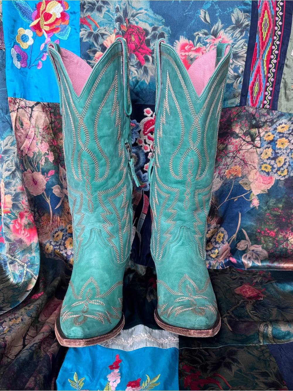 Turquoise Western Cowboy Boots with Pink Lining